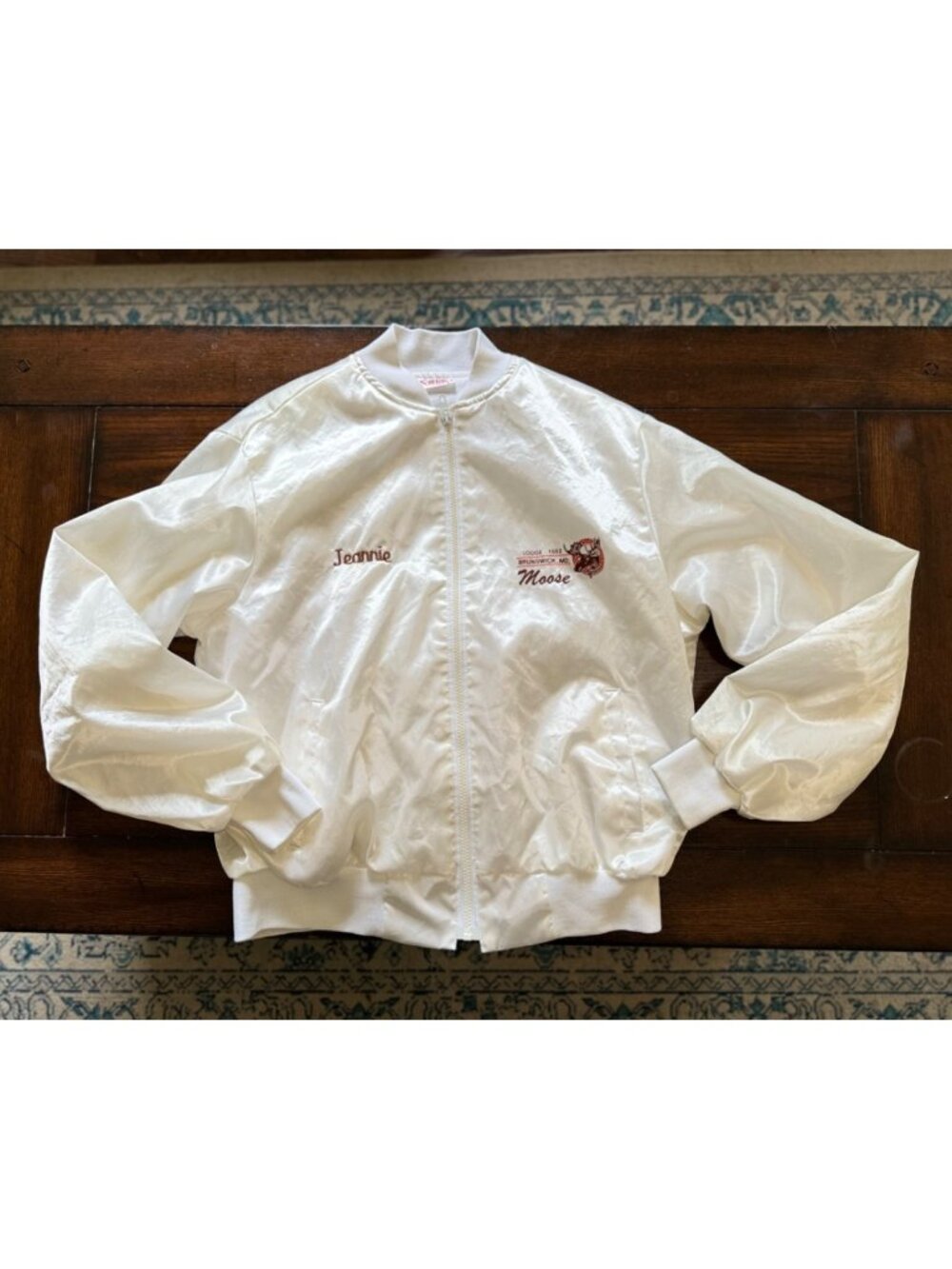 Vintage White Satin Moose Lodge Varsity Jacket Jeannie Embroidery Full Zip Large - Picture 1 of 12